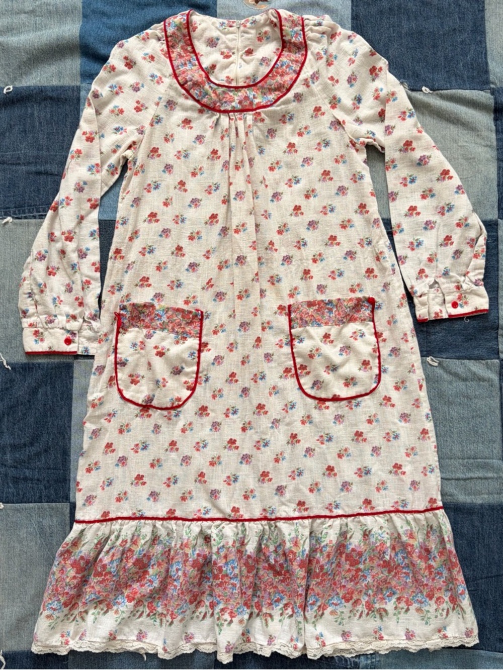 VTG 70s Jody of California Floral Ruffle Lace Nightgown White Red Size L